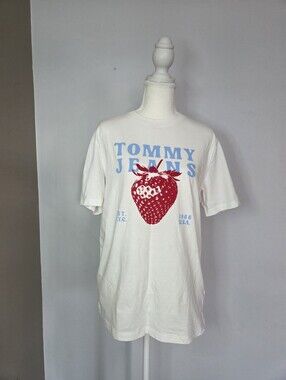 Tommy Jeans Strawberry Graphic T-Shirt Size S Off White Cotton Tee